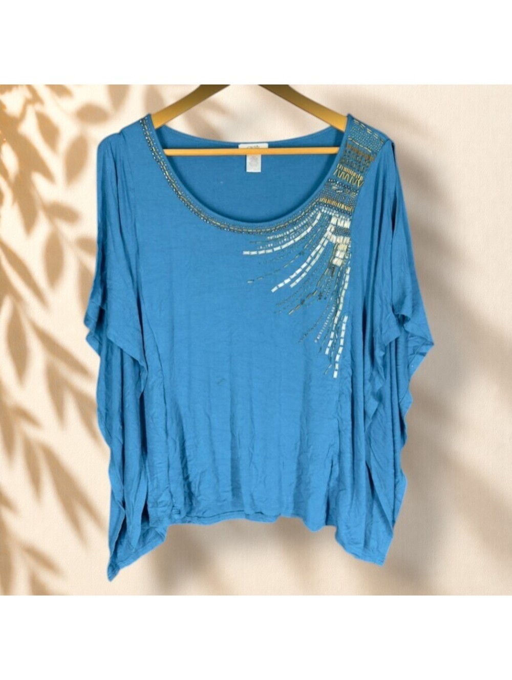Cache T-Shirt Women M Medium Blue Rhinestone Short Sleeve Rayon Casual Solid